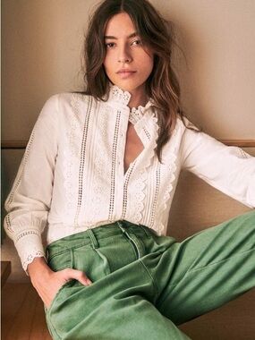 Sezane Agalia Eyelet Button-Up Blouse Size 34/US 2